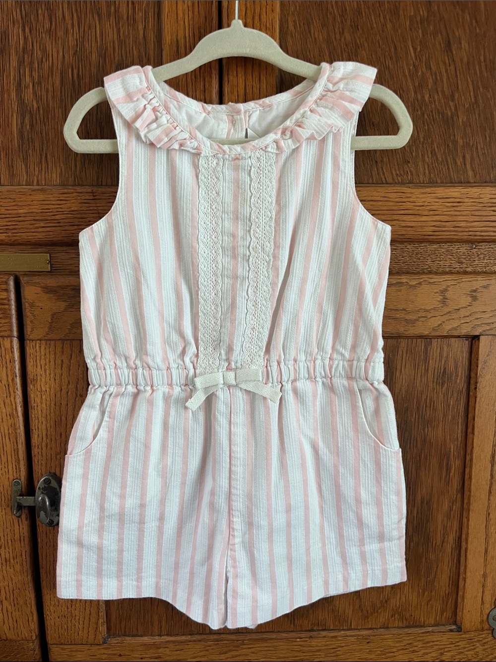 Janie and Jack Pink and White Striped Sleeveless Romper with Lace